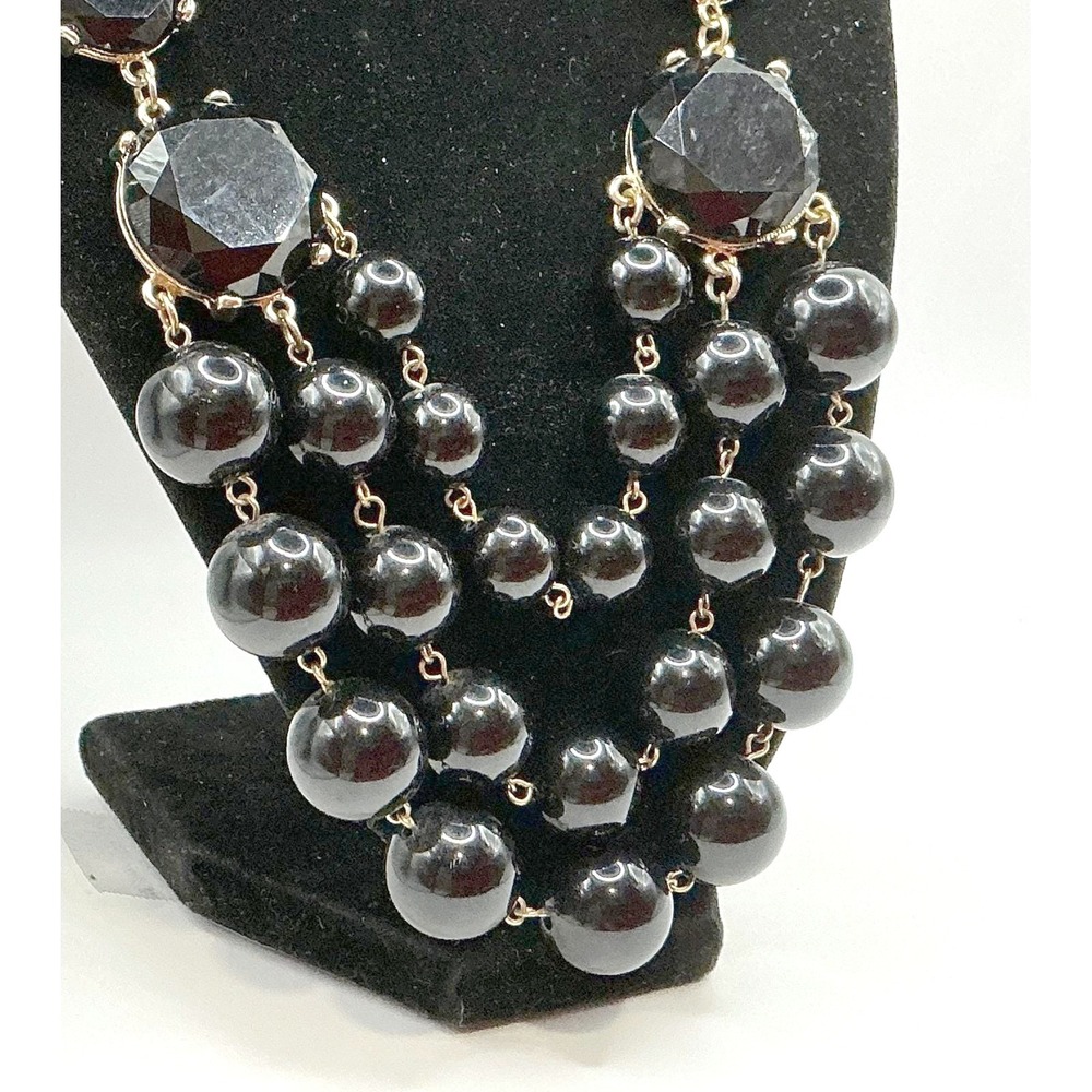 STORM Statement 20" Chunky 3 strands Black Beaded Necklace Layered Gold Accents